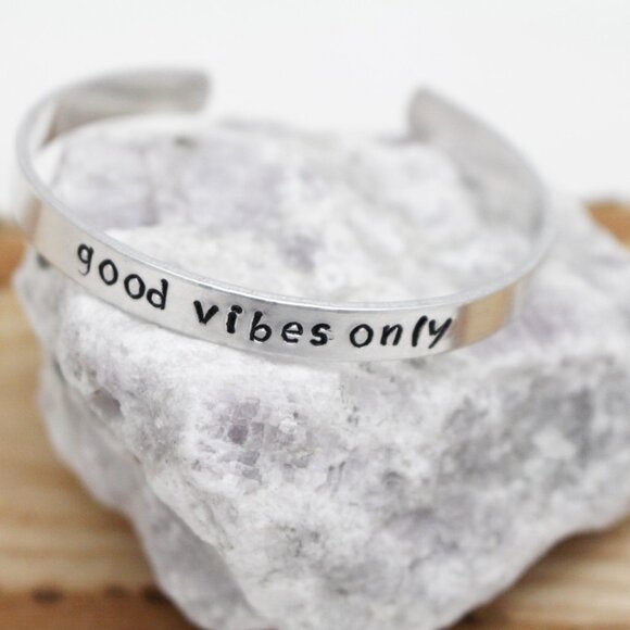 Good Vibes Only - Hand Stamped Anodized Aluminum Bangle - Adjustable - Picture 2 of 11